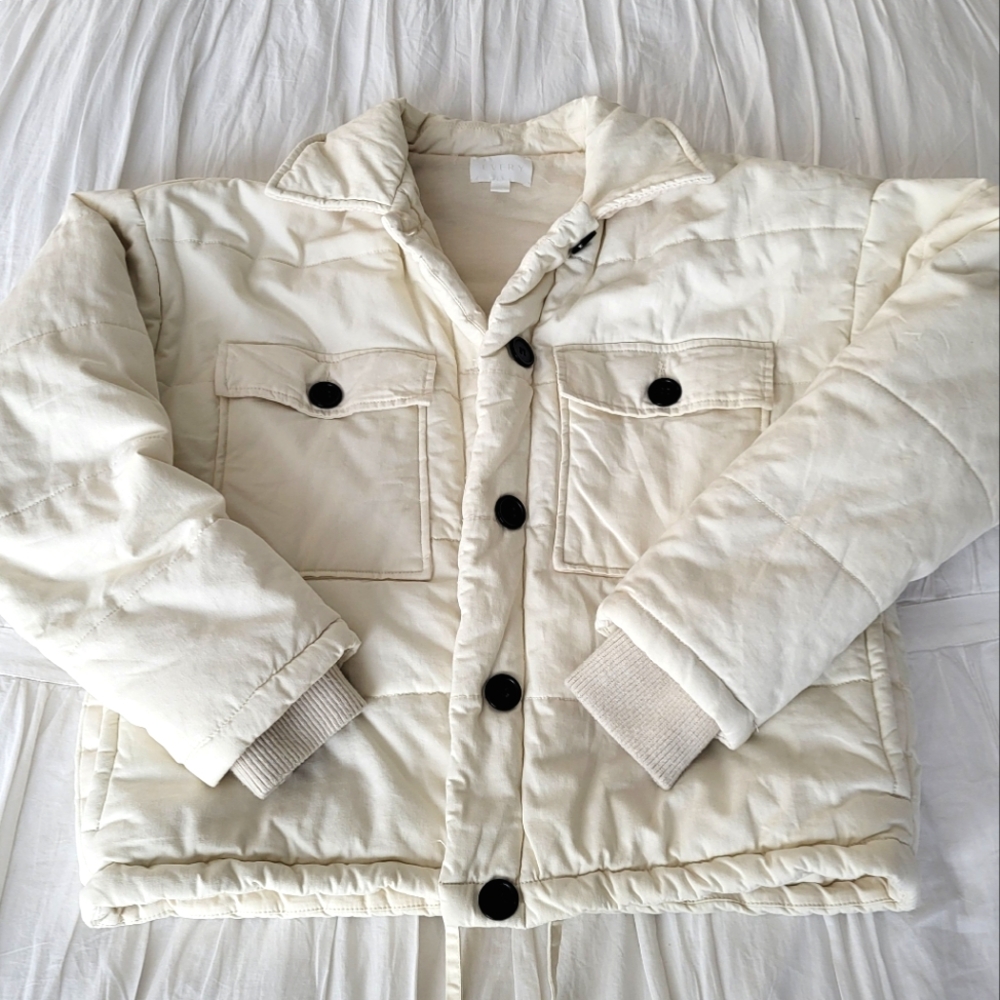 Cream Quilted Jacket with Corduroy Under Collar and Black Buttons